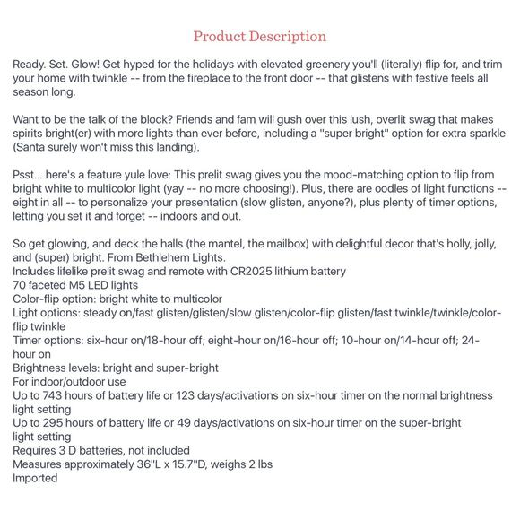 Bethlehem Lights 36" Prelit Swag w/ Color Flip LEDs Green Holiday Decor - Picture 12 of 12